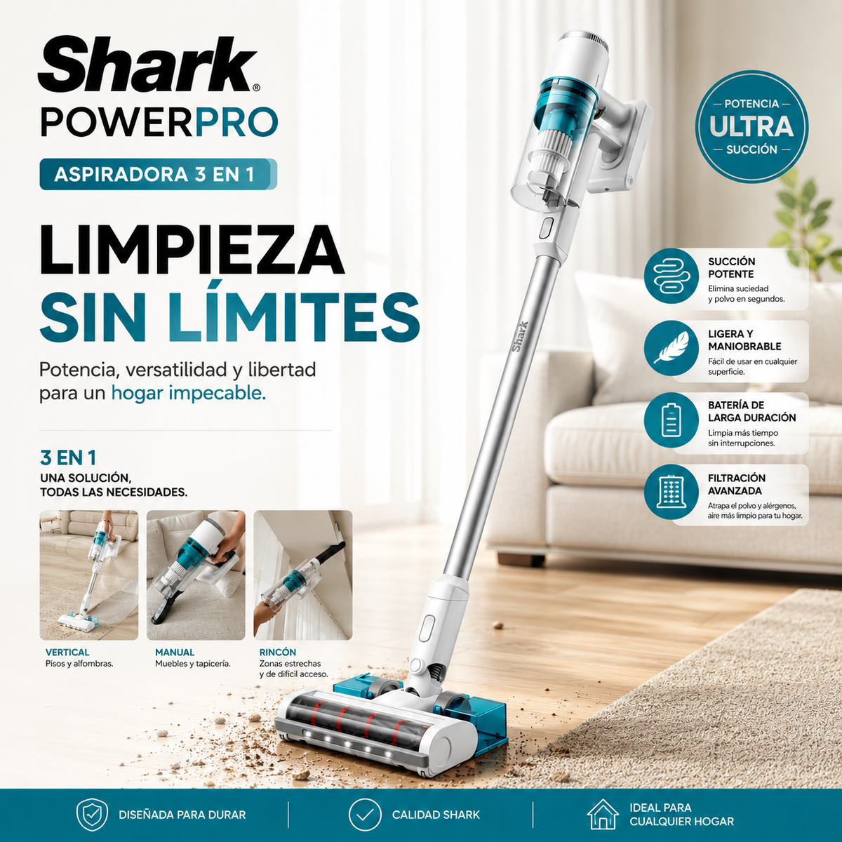 Shark PowerPro™ -  Aspiradora 3 en 1, Automática y de Mano (Superligera y Portátil)